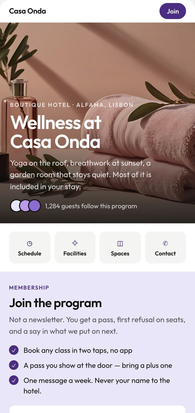 Your venue page, opened from the QR in the lift