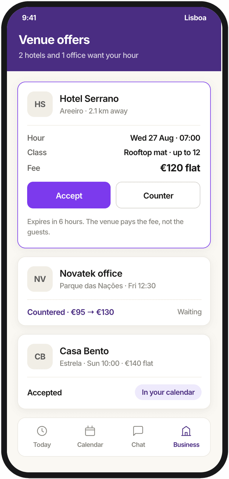 A venue offer — accept, counter, or decline